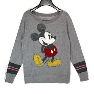 Disney Mickey Mouse Sweatshirt Women M Grey Varsity Stripe Back Graphic 28 NWOT